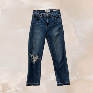 FRAME Medium Wash Blue Denim Le High Straight Jeans Ripped Knee Distressed Sz 25